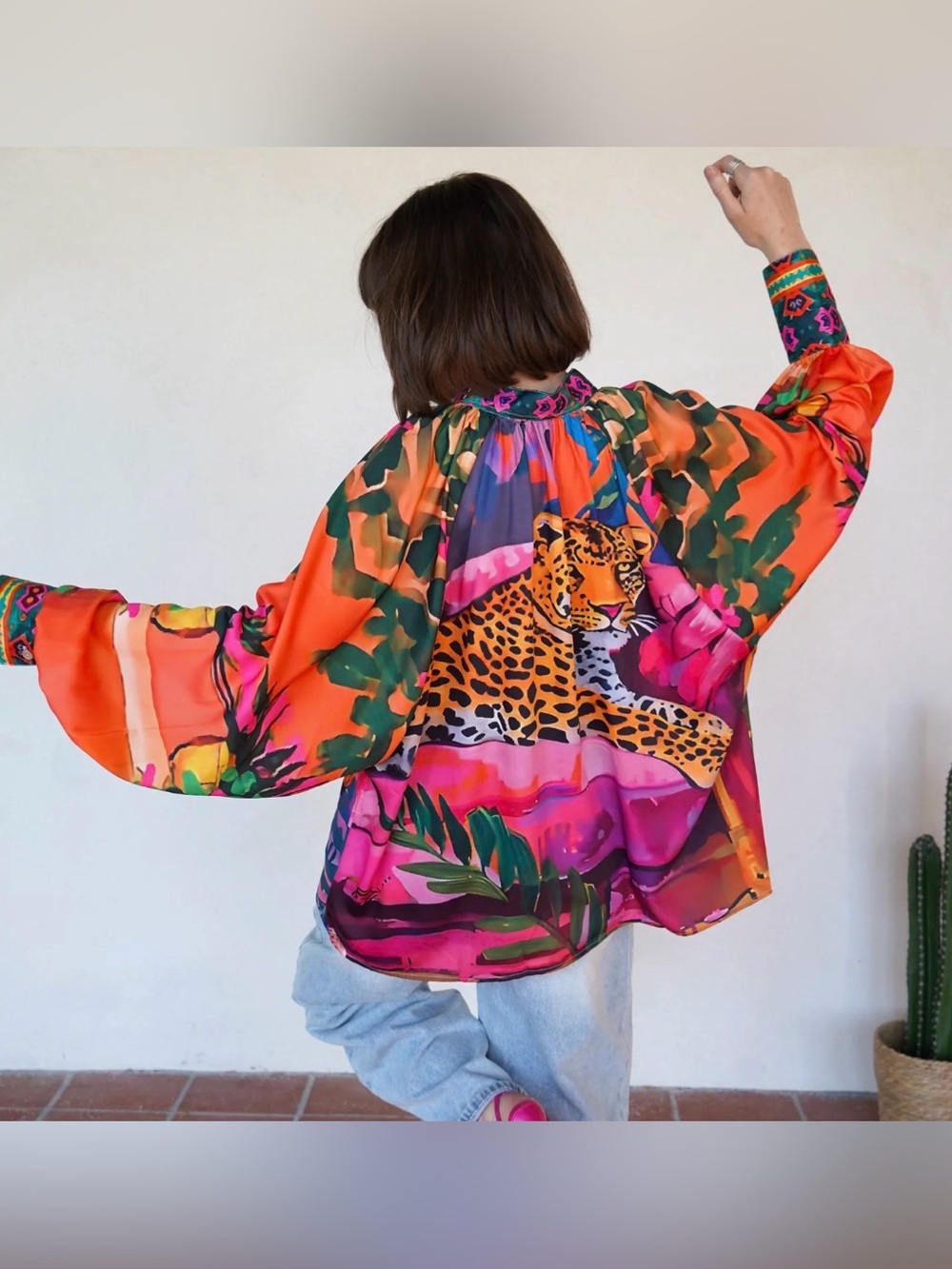 Bianca Paris Women’s Vibrant Tropical Leopard Print Blouse - Orange Pink Green